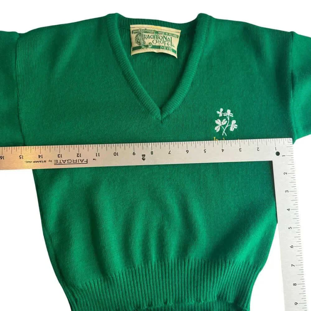 Traditional Craft Irish V Neck Sweater Kids 7-8 Celtic St Pattys‎ Day Green